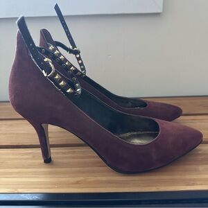 BCBGeneration Burgundy Suede Heels Pumps with Gold Studded Ankle Straps